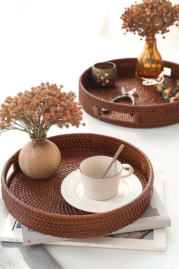 HITOMEN 11.8" Hand-Woven Round Rattan Serving Tray Decorative Wicker Trays - Image 2