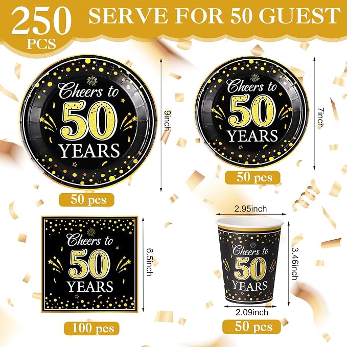 Pickmesh 250 Pcs 50th Birthday Party Supplies Decorations Serve 50 Black Gold - Image 2