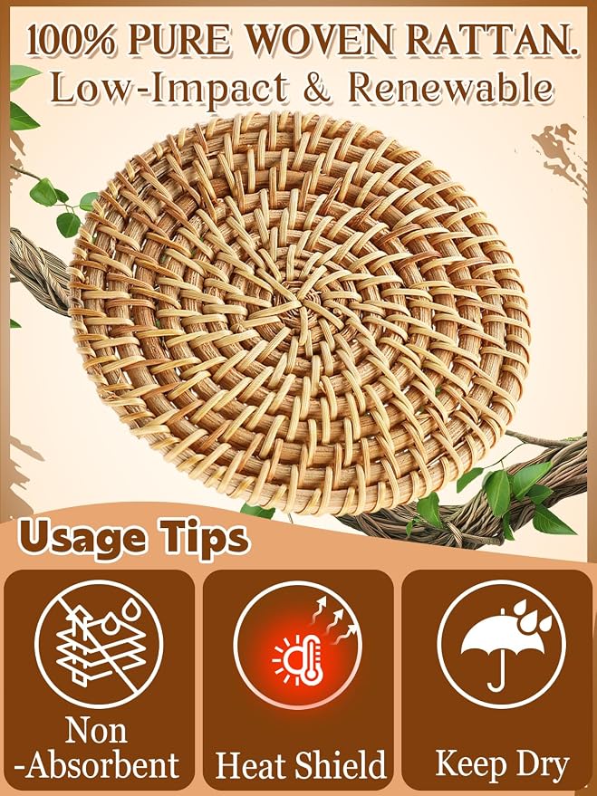 6Pcs Handmade Natural Rattan Coasters Set - Image 3
