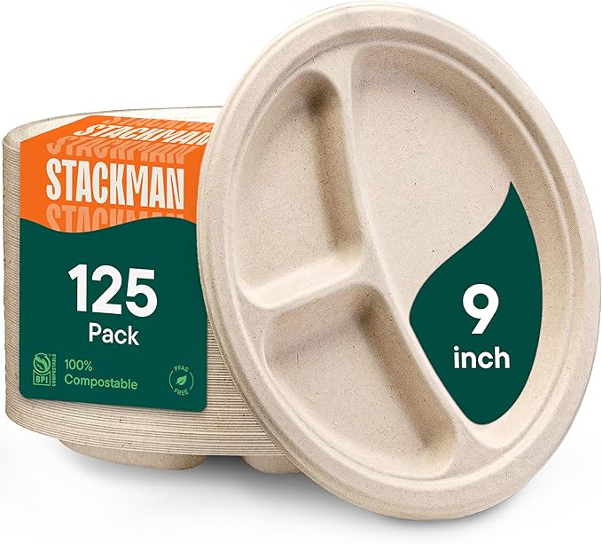 100% Compostable, 3 Compartment, Disposable Paper Plates by StackMan