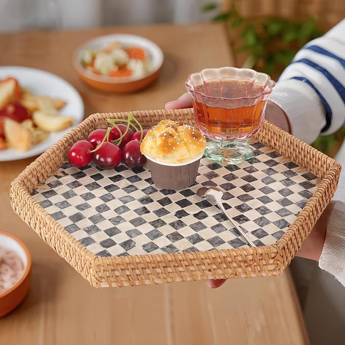 Hexagon Rattan Tray with Mother of Pearl Inlay, Rattan Serving Tray - Image 6