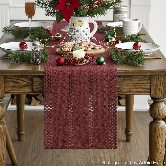 Artoid Mode Red Woven Farmhouse Hollow Table Runner 12x72 Inch | Holiday Rustic - Image 3