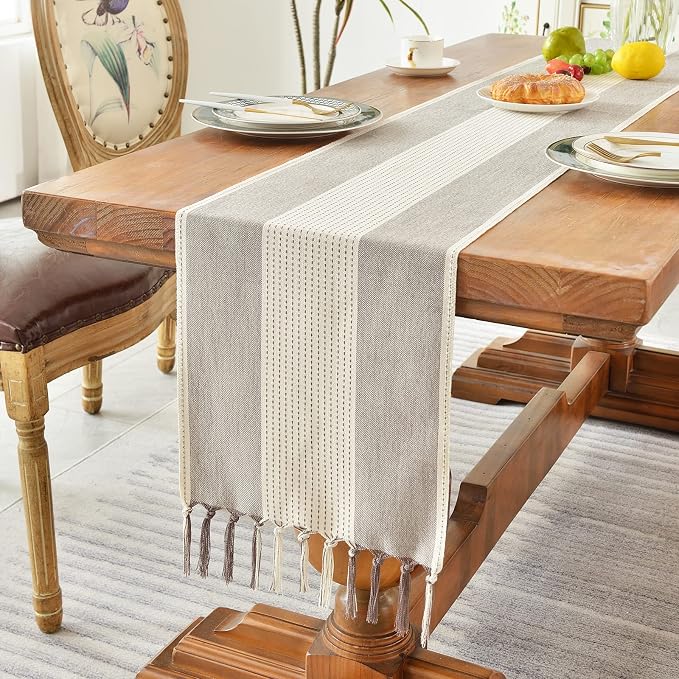 Wracra Linen Table Runner, Stripe Table Runners 48 Inches Long Coffee | - Image 5