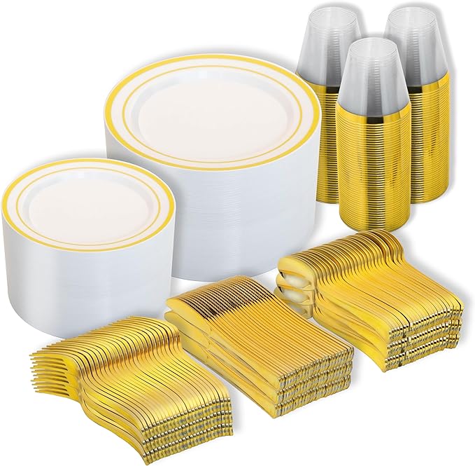 600PCS White and Gold Plastic Plates, Disposable Dinnerware Set | 100 Dinner & by N9RTABLEWARE