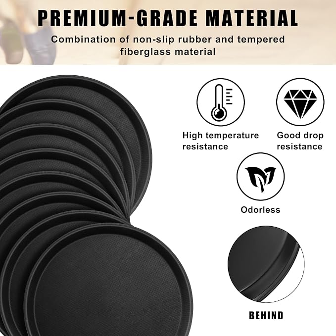 Zopeal 8 Pieces Black Round Restaurant Serving Tray, Plastic Non Slip Surface - Image 4