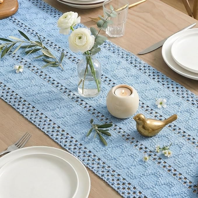 Artoid Mode Sky Blue Woven Farmhouse Hollow Table Runner 12x60 Inch | Holiday - Image 5