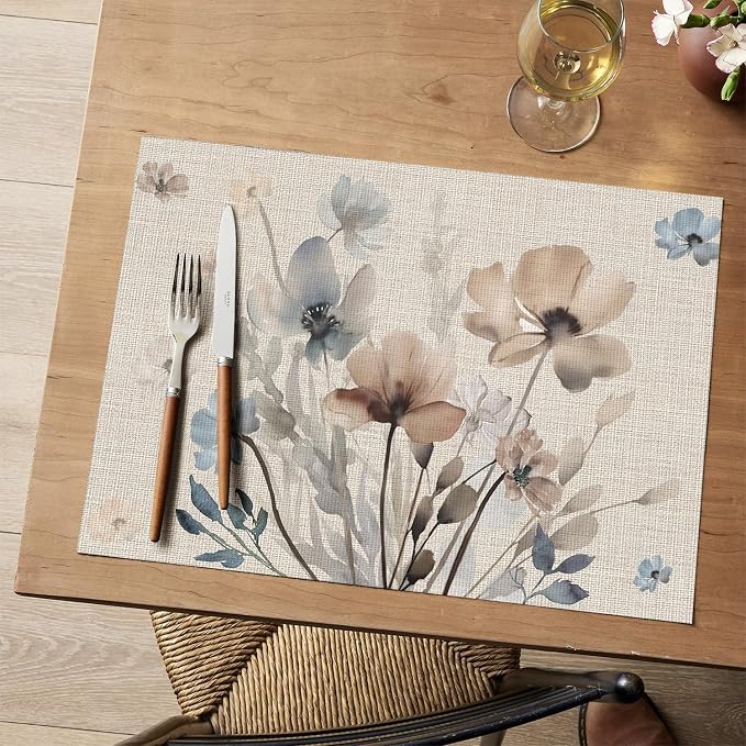 Artoid Mode Brown Poppy Floral Vinyl Plastic Placemats Set of 4, Washable - Image 2