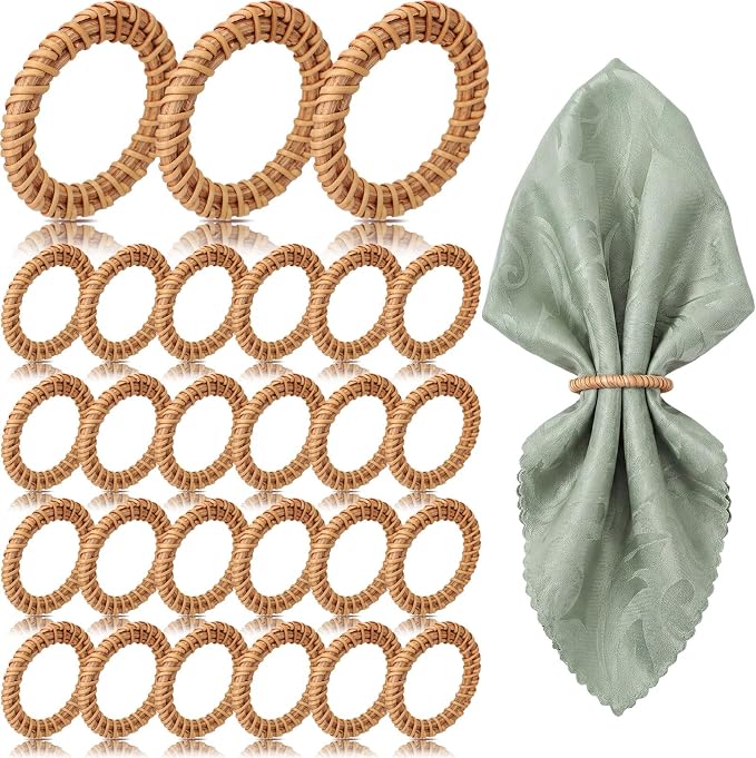 25 Pcs Boho Woven Rattan Napkin Rings Bulk Rustic Style Round Dining Table by Ferrochef