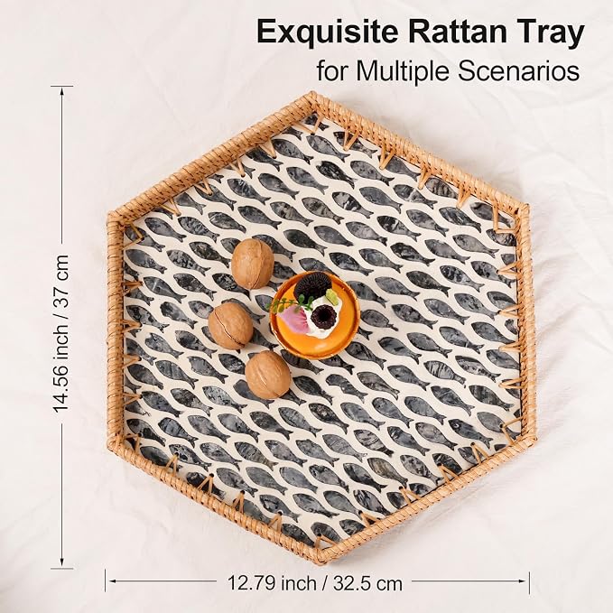 Hexagon Rattan Tray with Mother of Pearl Inlay, Rattan Serving Tray - Image 9