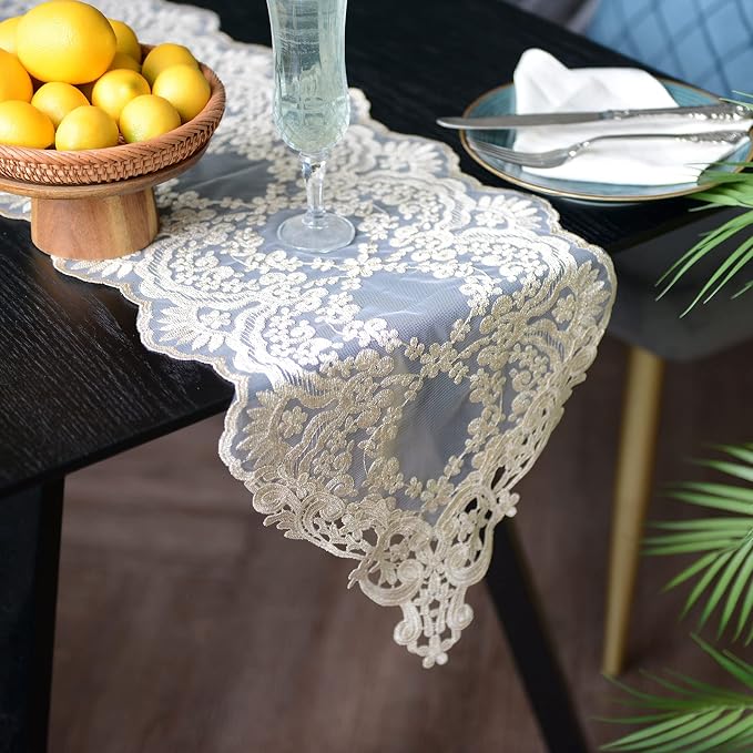 SUTAVIA Lace Table Runner 12"×48" Gold Embroidered Dresser Scarf | Classic - Image 3