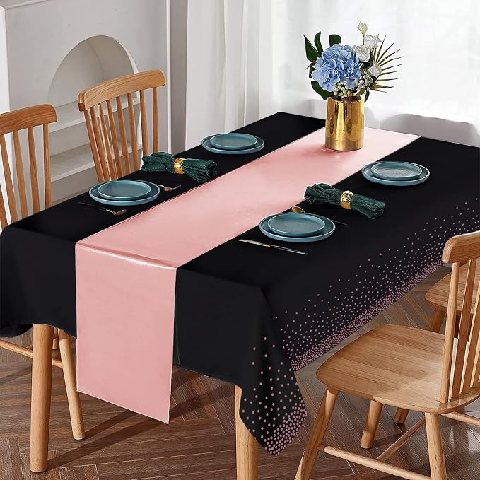 16Pack Disposable Plastic Tablecloths and Satin Table Runner Set Black and Rose - Image 4