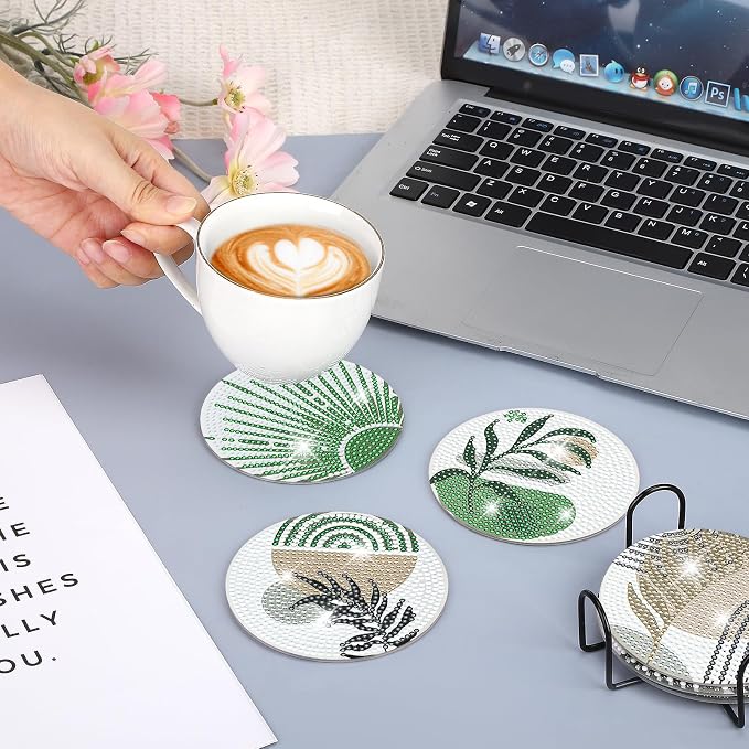 8 Pcs Boho Diamond Art Painting Coasters Holder Green Plants | Abstract Diamond - Image 7