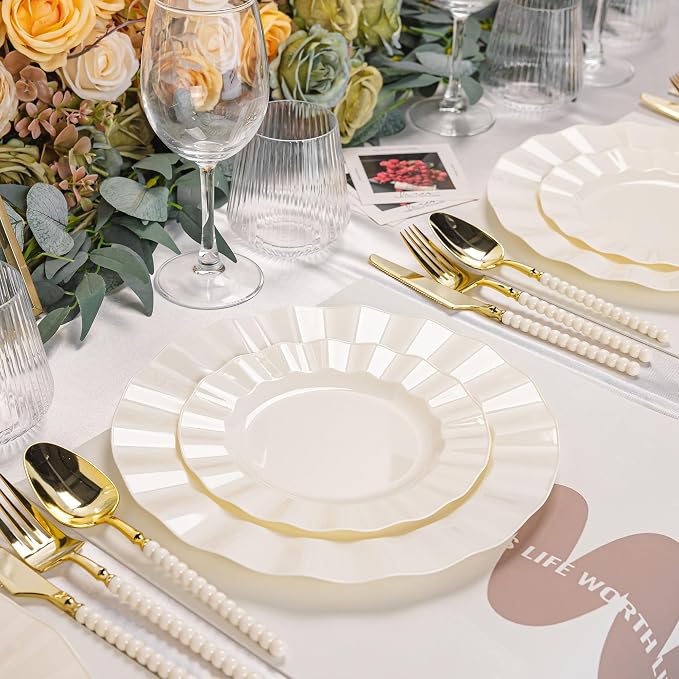 60 Pcs Ivory Plates, Wave Edge Design Disposable Plastic Plates | Disposable - Image 5