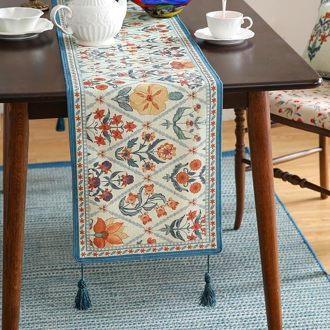 Designer French Linen Long Table Runner, Colorful Floral Pattern, Dining Table - Image 2