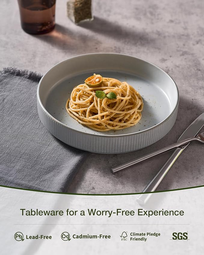 famiware Star 8.25" Pasta Bowls Set of 4, Bowl Plates, Light Gray | Microwave & - Image 3