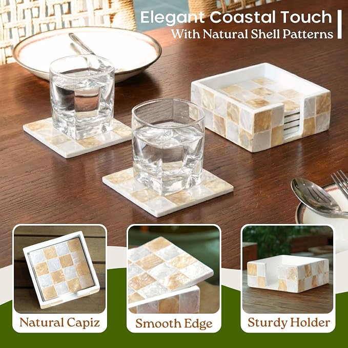 4" Capiz Shell Mosaic Square Coasters Set 6 - Image 4