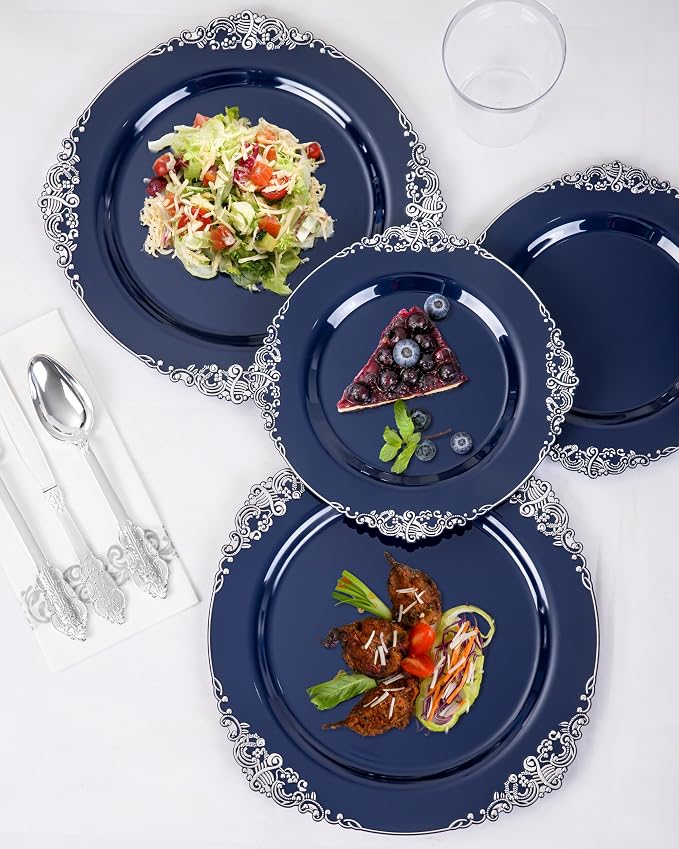 175pcs Blue and Silver Plastic Plates - Image 7