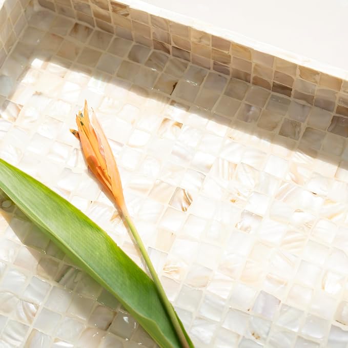 PEMAR Rectangular Mother of Pearl Serving Tray Nacre Wood Lap Ottoman Tray - Image 16