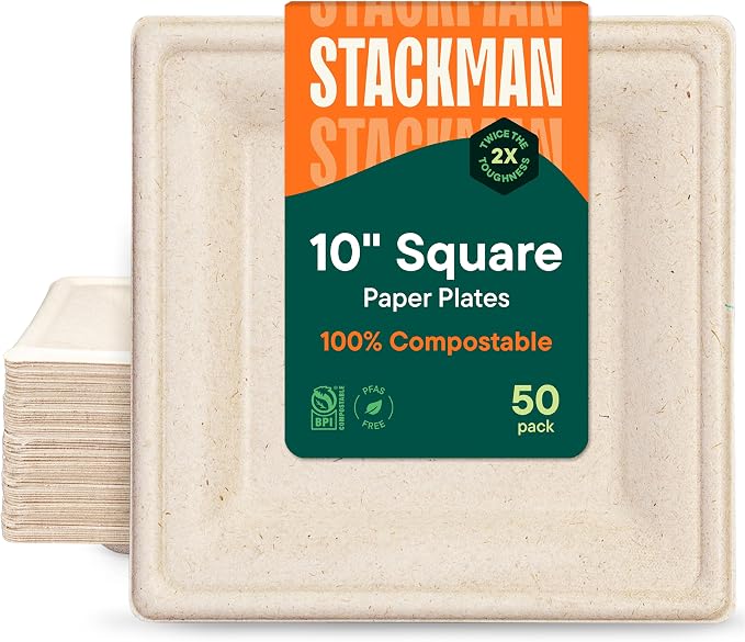 100% Compostable Square Paper Plates by StackMan