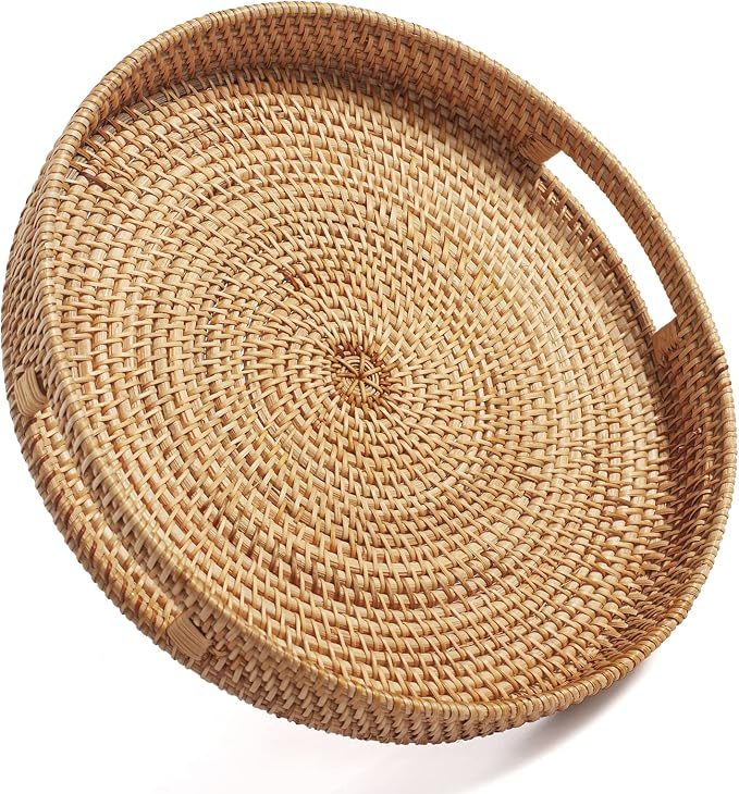 Round Rattan Serving Tray Decorative Woven Ottoman Trays by DECRAFTS