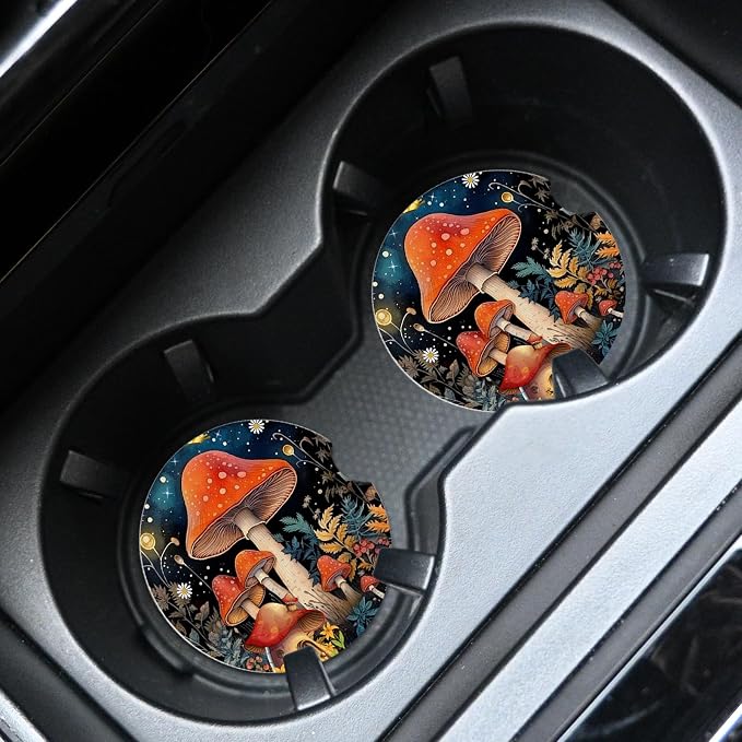 2pcs Cute Red Mushrooms Car Coasters, Absorbent Universal neoprener Cup Holder - Image 3