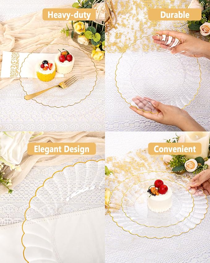 YOUBET 175PCS Clear and Gold Scalloped Plastic Plates - Image 8