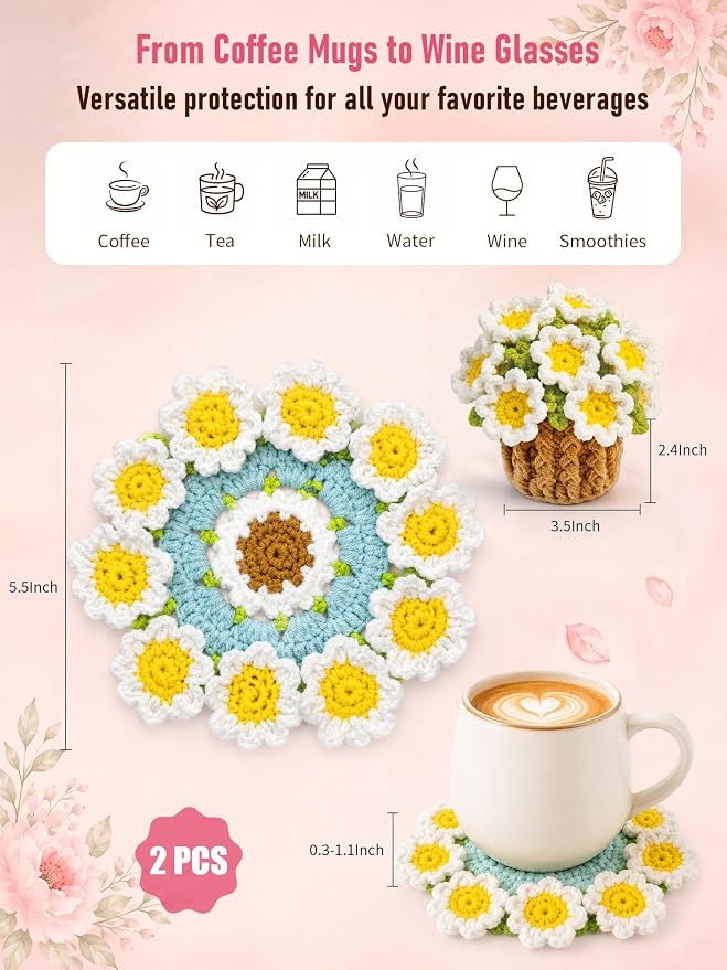 Crochet Flower Bouquet Coasters, Cotton Daisy Gift - Image 2