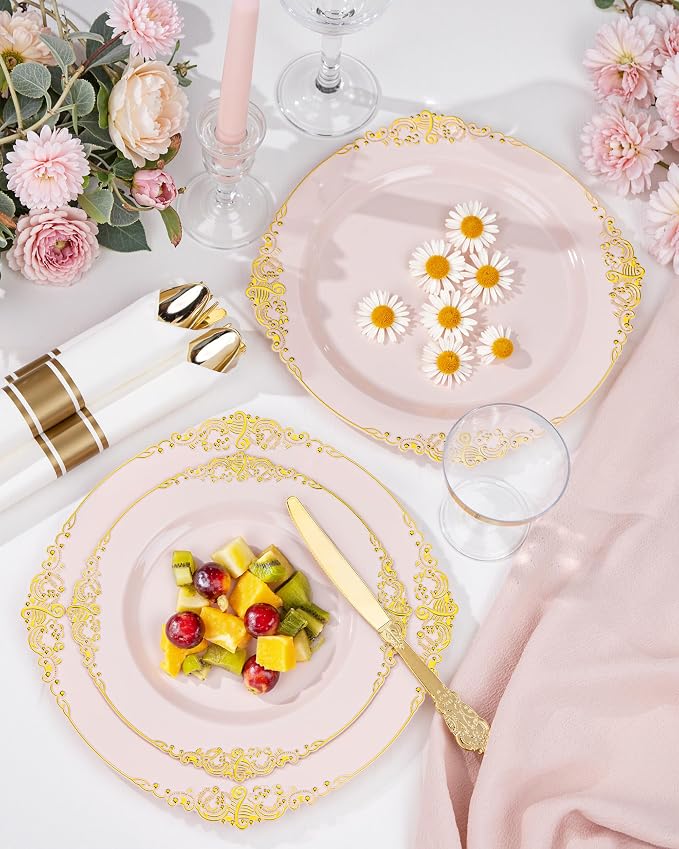 Nervure 100Pcs 10.25'' Pink Plastic Plates, Heavy Duty Disposable Plates - Image 4