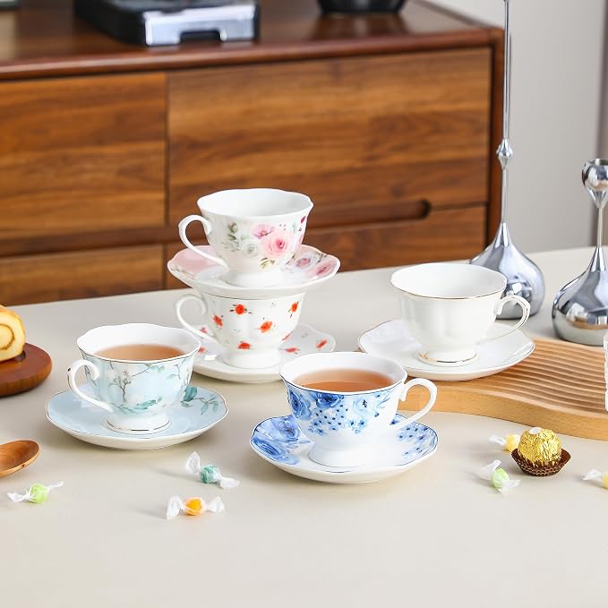 6oz Floral Porcelain Tea Cup & Saucer Set of 6, Rose Pattern | Elegant rose tea - Image 8