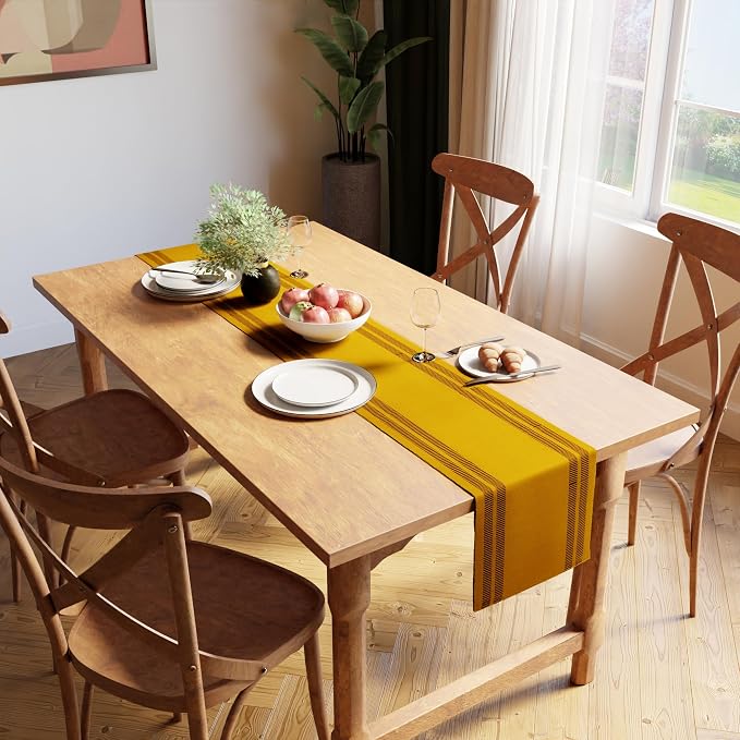 Encasa XO Table Runner, Yarn Dyed Ribbed Cotton 13"x120" | Ladder Yellow - Image 2