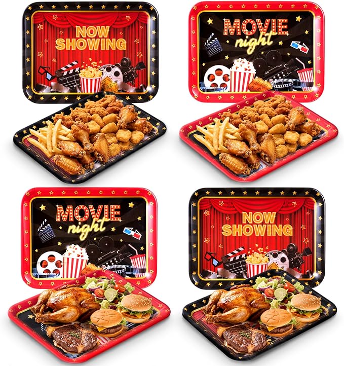 Vesici 4 Pack Movie Night Melamine Serving Trays, 13 x 10 Inch Rectangular by Vesici