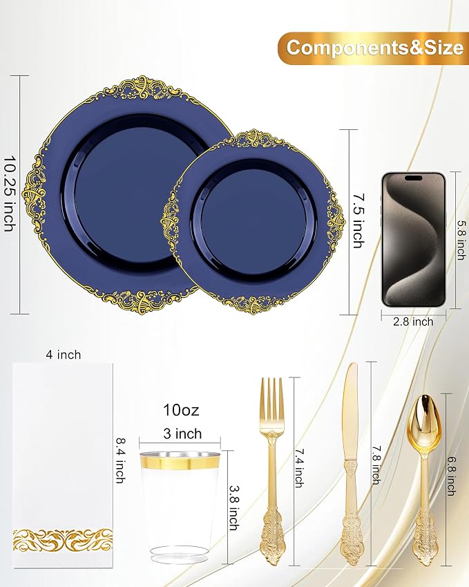 Nervure 175Pcs Blue Plastic Plates, Disposable Dinnerware Set - Image 9