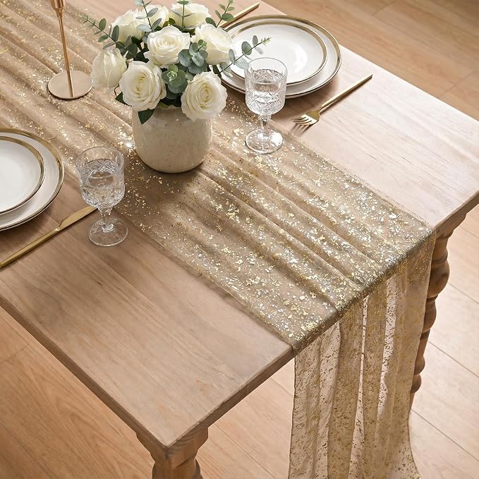 Artoid Mode 3PCCoffee Gold Gauze Table Runner 120 Inch 10FT, Glitter Metallic - Image 4
