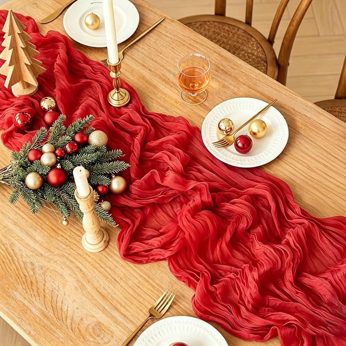 Red Cheesecloth Table Runner, 10FT Rustic Christmas Red Boho Gauze Table Runner - Image 2