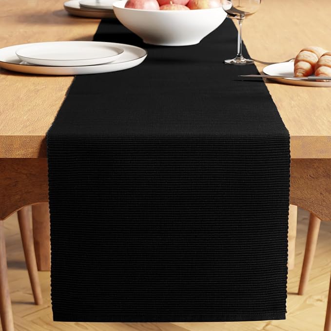 Encasa XO Table Runner, Yarn Dyed Ribbed Cotton 13"x79" | Solid Black, 12-Ply by EncasaXO