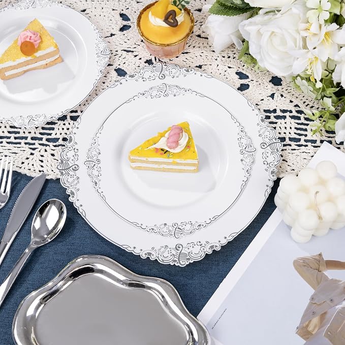 Nervure 600Pcs Silver Plastic Plates, Plastic Dinnerware Set - Image 6