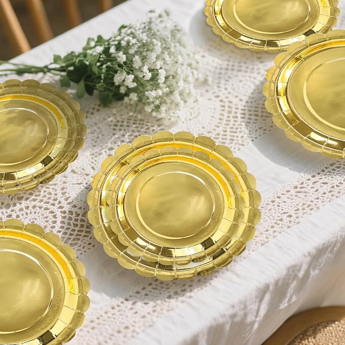 50 Pcs Gold Scalloped Paper Plates 25 × 7'' and 25 × 9'' Disposable Gold - Image 7