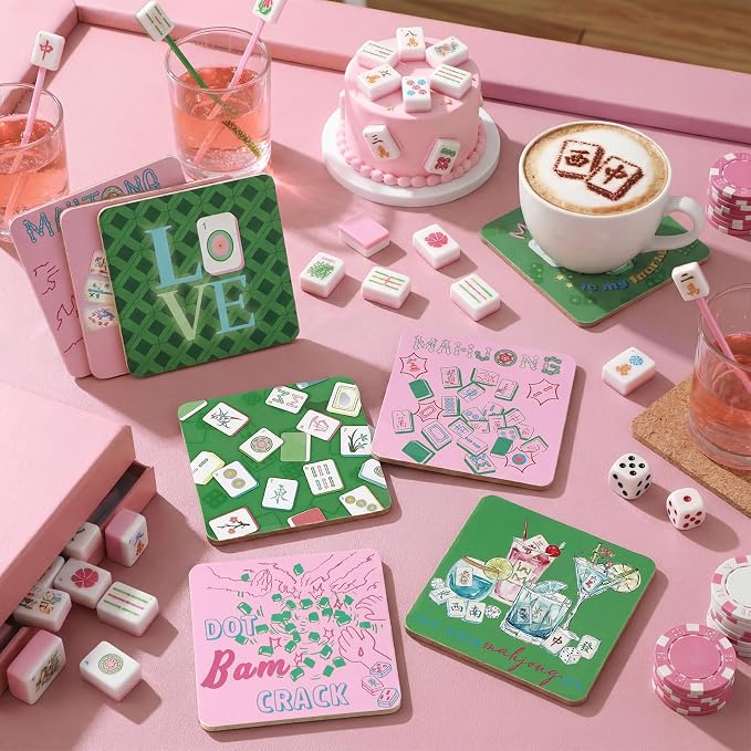 8 Pcs Mahjong Coasters 3.94 x 3.94 Drink Coasters Pink and Green Mahjong Gift - Image 4