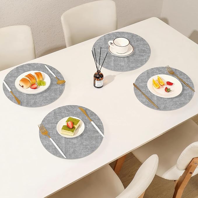 Homaxy Round Faux Leather Placemats and Coasters, Light Grey | Washable - Image 9