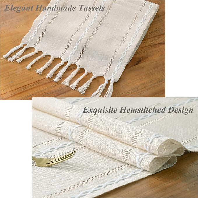 Wracra Rustic Linen Table Runner, Ivory Table Runners 72 inches Long | Raised - Image 2