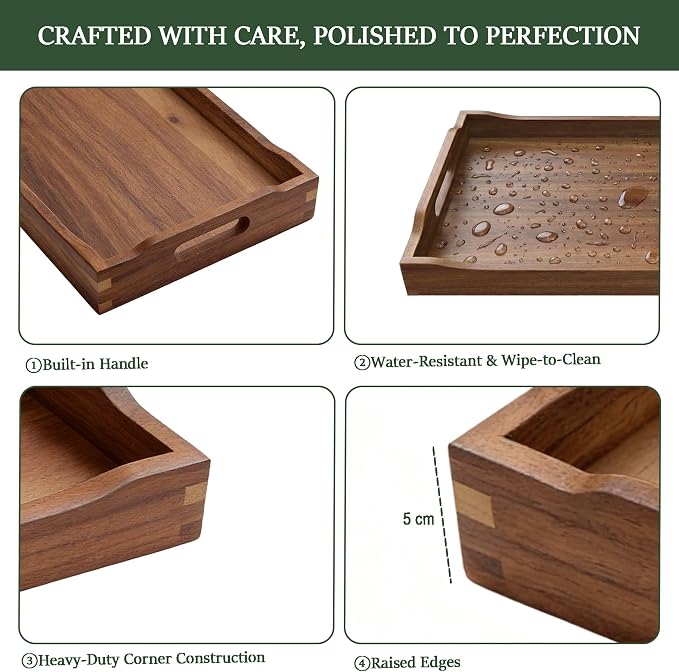 Acacia Wood Serving Tray with Handles, Rectangular Wooden Ottoman Tray - Image 8