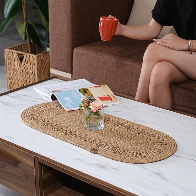 Oval Jute Table Runner | Woven Braided Dining Runner | Natural Textured Rattan by WhiteTowns