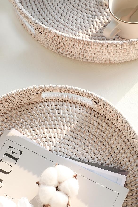 HITOMEN 11.8" Hand-Woven Round Rattan Serving Tray Decorative Wicker Trays - Image 3