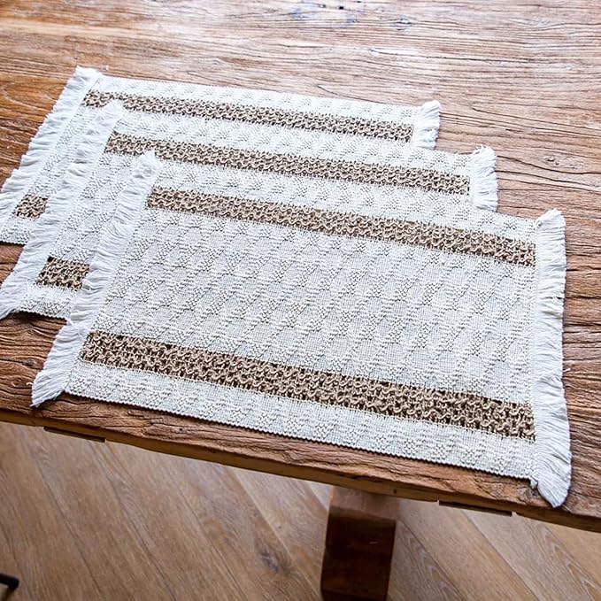 Boho Placemats Set of 8, 12x18 Inch Natural Cotton Burlap and Kitchen Woven - Image 5