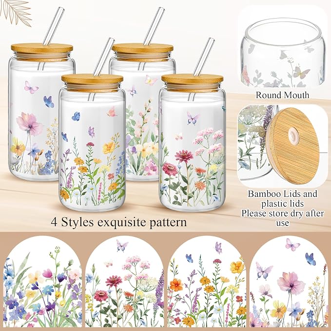 Mumufy 8 Pack Wildflower Glass Cups Gift Aesthetic Cute Glass Cup Tumbler - Image 3