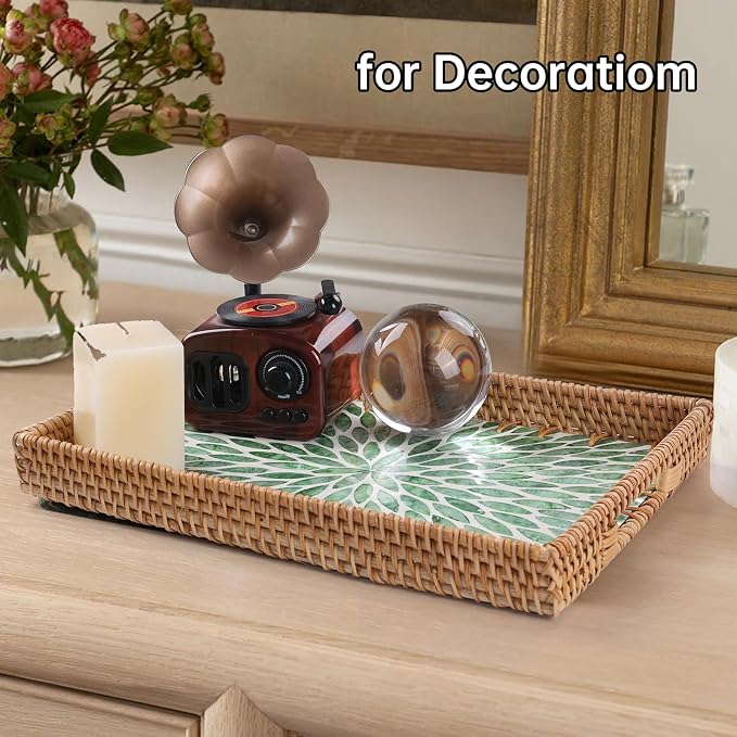 Rectangle Rattan Tray with Mother of Pearl Inlay, Rattan Serving Tray with - Image 7