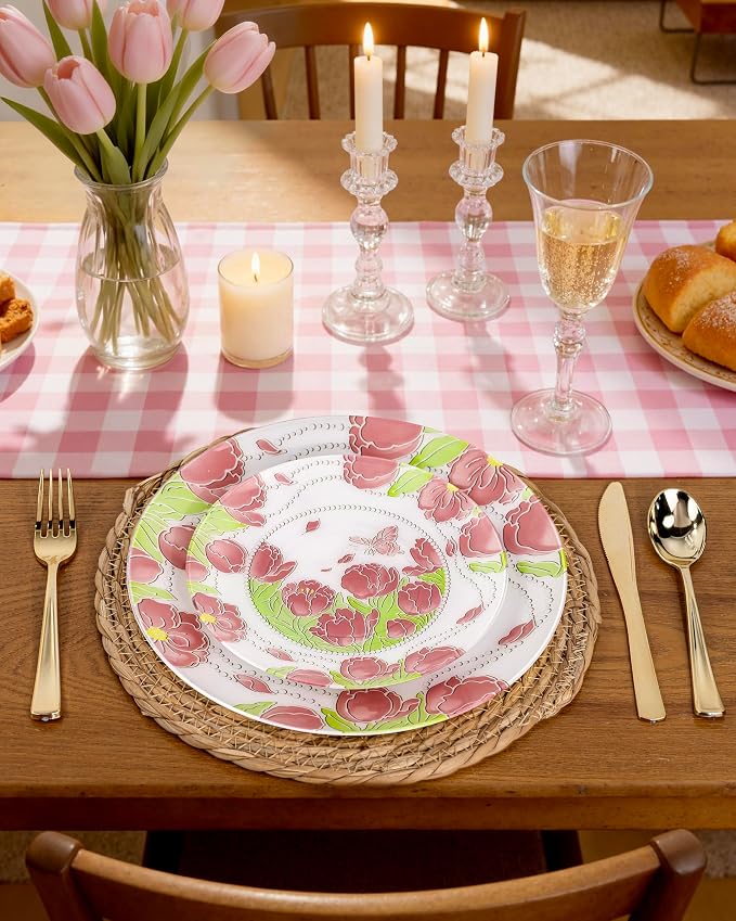 60 Pcs Disposable Plates, Pearl Trim | Elegant pink tulip & butterfly pattern - Image 5