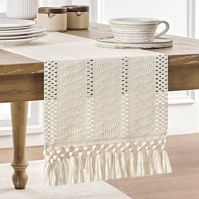 Macrame Style Boho Table Runner, 12x48 Inch Ivory | Woven Boho Table Runner by ZEEMARTONLINE