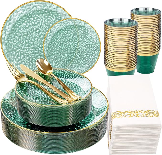 Rubtlamp 175 Pcs Green Plastic Plates Dinnerware Set, Hammered Plates Sets by Rubtlamp