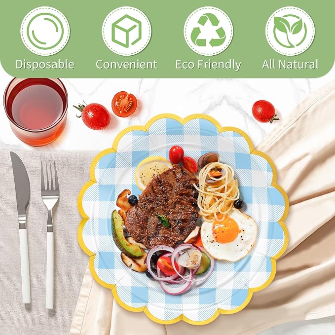 50 Pcs Blue Gingham Paper Plates Disposable, Dessert Cake Plates, - Image 4